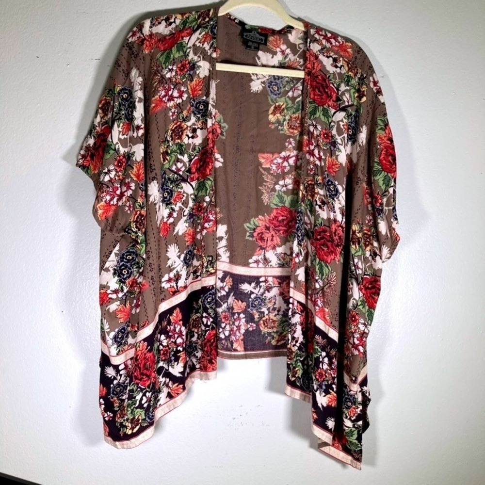 Angie Womens Floral Kimono Wrap Cardigan Brown Boho Rayon Open Front Small